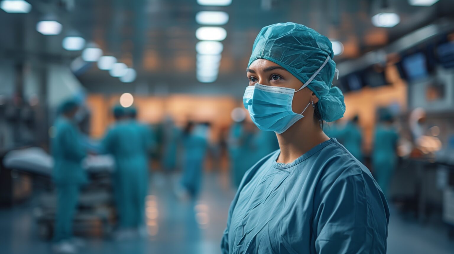 A Female Surgeon Wearing A Face Mask In A Hospital Operating Room A Female Surgeon Wearing A Face Mask In A Hospital Operating Room