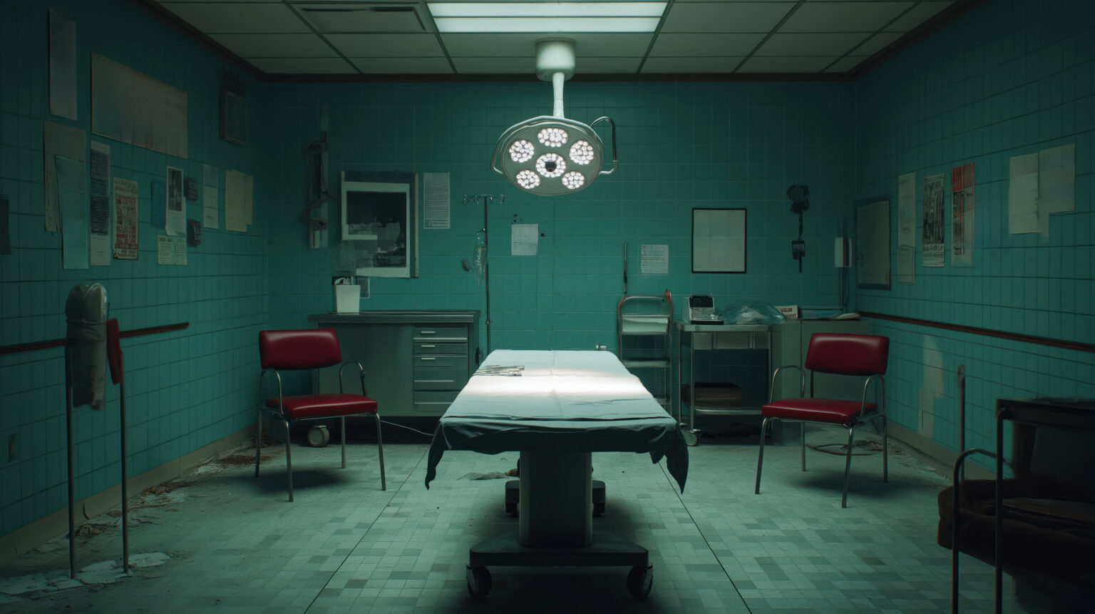 Abandoned operating room. Empty surgical table, two chairs. Medical equipment scattered about. Dim lighting. Hospital clinic. Possible scene for horror thriller film. Medical malpractice