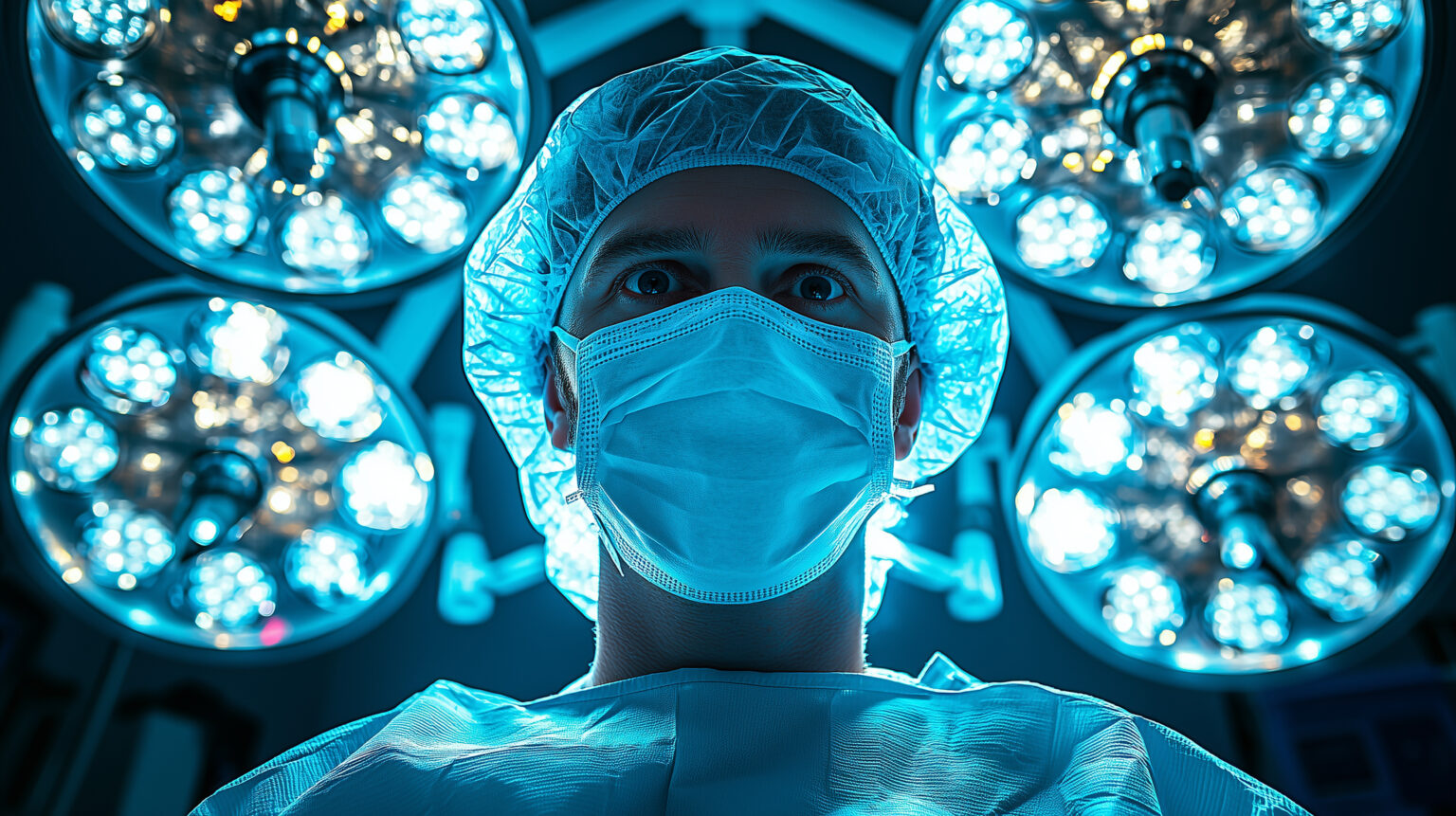 A surgeon during a medical procedure, as viewed from the patient on the operating table. A doctor performing a surgery – first person perspective. Low angle, mask, cap – operating room lights. A surgeon during a medical procedure, as viewed from the patient on the operating table. A doctor performing a surgery - first person perspective. Low angle, mask, cap - operating room lights.